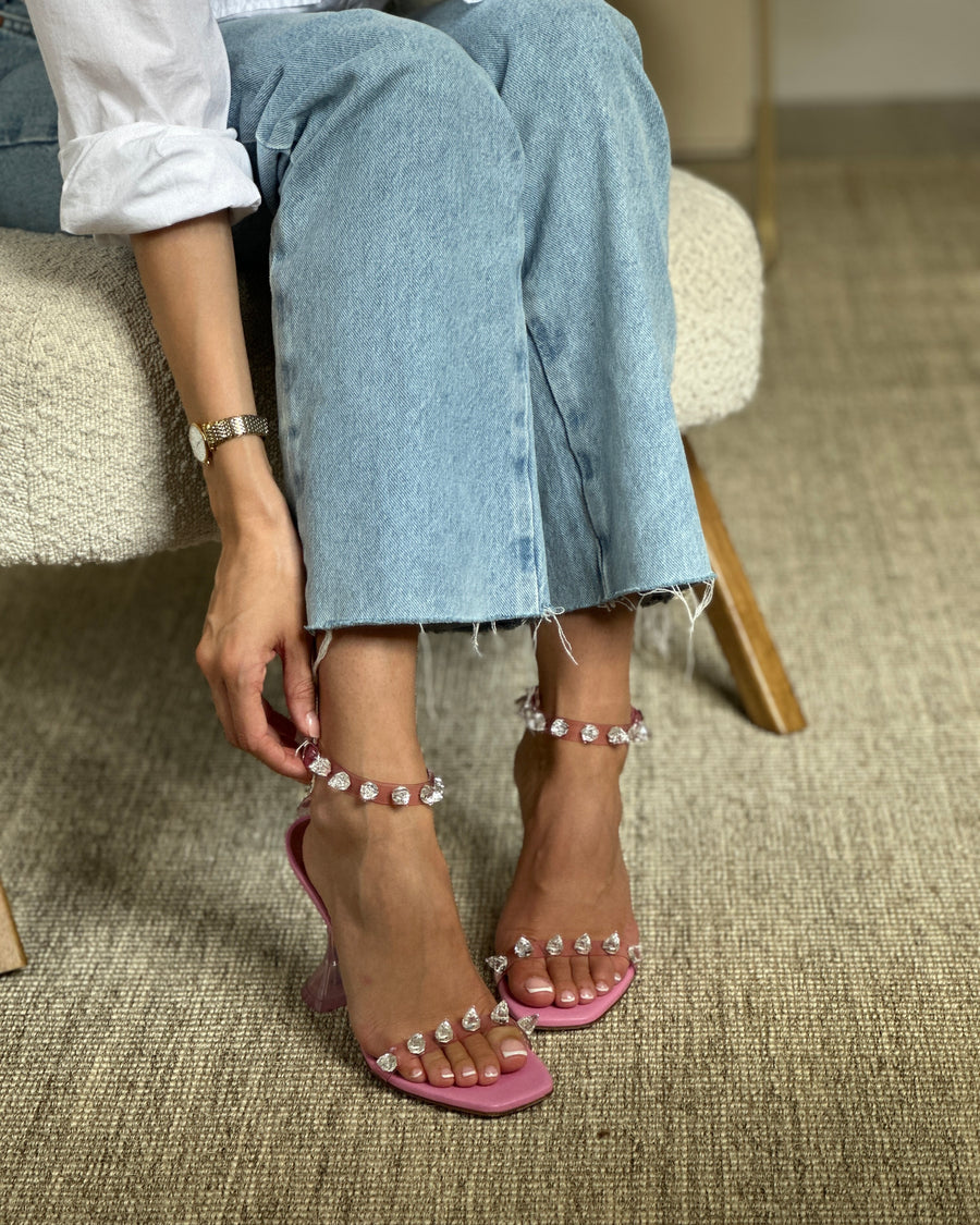 Amina Muaddi Pink Crystal Spike Strap Heels Size EU 38