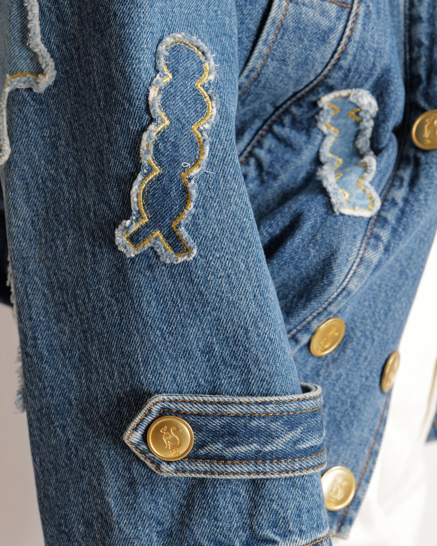 Chanel Métiers d’Art 2019 Blue Denim Jacket with Faux Fur Lining and Patchwork Details with Gold Cat CC Logo Buttons Size FR 34 (UK 6)
