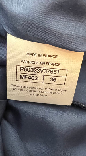 Chanel Cruise 2019 Blue Tweed Cropped Jacket and Trousers Set with CC Logo Buttons and Black Leather Trims Size FR 36/38 (UK 8/10)