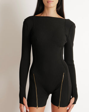 Jacquemus Black Knitted Long-Sleeve Playsuit with Low Back and Gold Zip Detail Size FR 36 (UK 8)