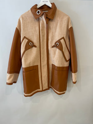 *RUNWAY* Hermès SS 2022 Beige, Brown Leather and Linen Coat with Palladium Details Size FR 36 (UK 8) RRP £10,200