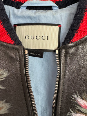 Gucci Black, Red and Navy Lambskin Leather Jacket with Flower Prints & Bees Embroidery Details Size IT 40 (UK 8)