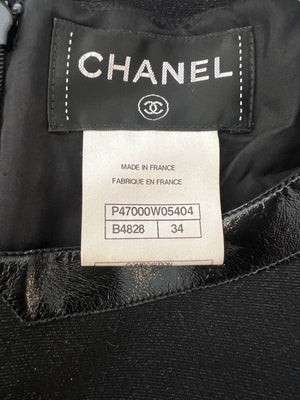 Chanel Black Mini Dress with Patent Leather Effect Trim Details and Globe CC Logo Button Size FR 34 (UK 6)