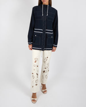 Chanel Navy and White Silk Hooded Jacket with Stitch Details and Drawstrings with Silver CC Logo Buttons Size FR 36 (UK 8)