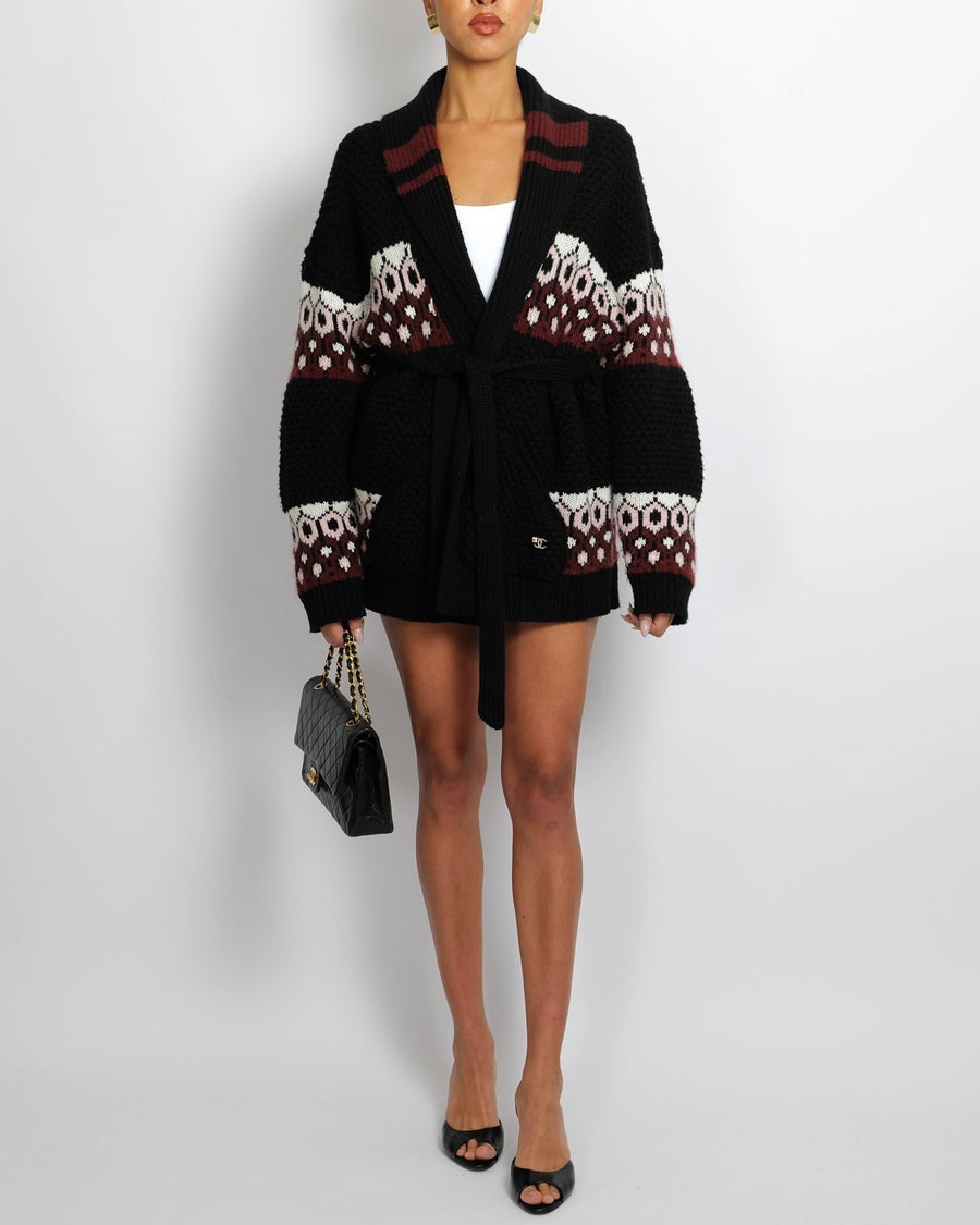Chanel Black Cashmere Knit Belted Cardigan with Red, White, and Pink Pattern with CC Logo Detail Size FR 38 (UK 10)