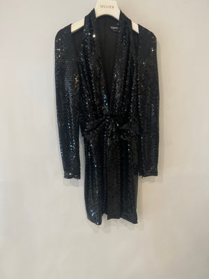 Tom Ford Black Sequin Embellished Mini Dress with Cut Outs and Draped Belt Detail Size IT 38 (UK 6)