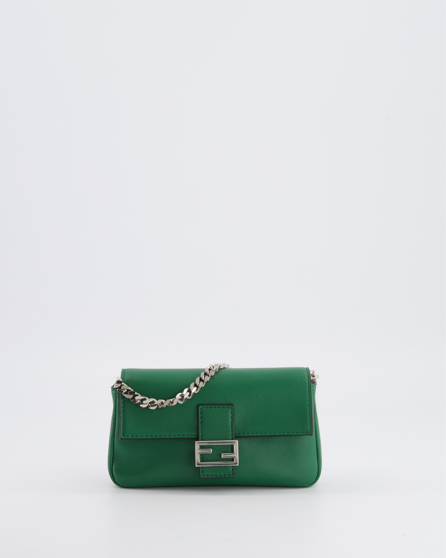 Fendi Micro Baguette Bag in Forest Green Lambskin Leather with Silver Hardware
