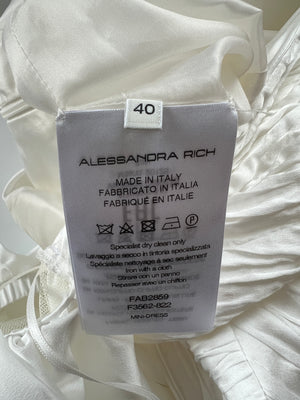 Alessandra Rich White Puff-Sleeve Ruched Crepe Mini Dress with Pearl Details Size IT 40 (UK 8)