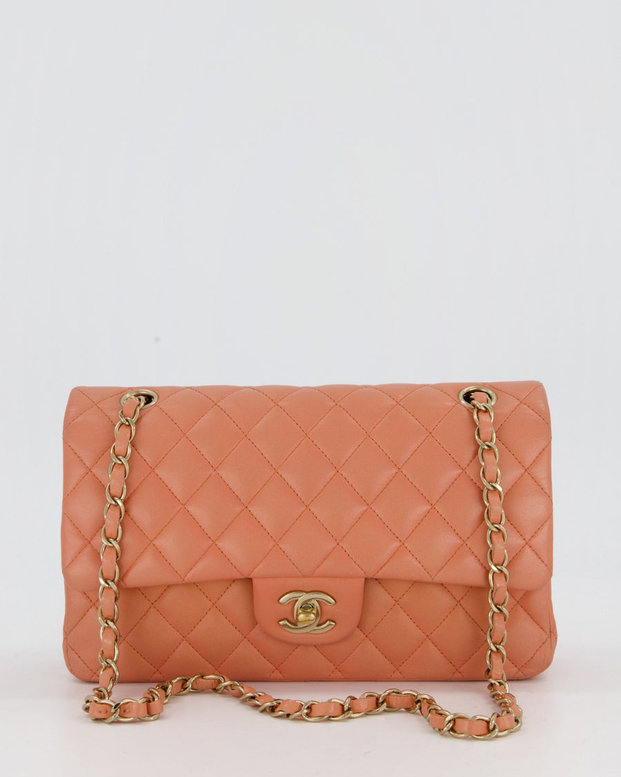 Chanel Peach Pink Medium Classic Double Flap Bag in Lambskin Leather with Champagne Gold Hardware