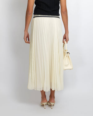 Ermanno Scervino Cream Pleated Maxi Skirt with Lace Details and Navy Logo Waistband Size IT 44 (UK 12)