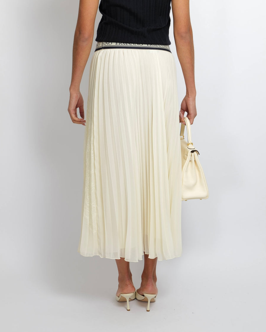 Ermanno Scervino Cream Pleated Maxi Skirt with Lace Details and Navy Logo Waistband Size IT 44 (UK 12)