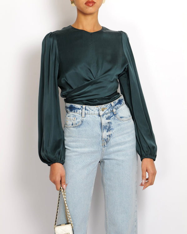 Zimmermann Dark Green Silk Long-Sleeved Wrap Top Size 2 (UK 12)