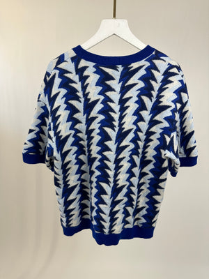 Chanel 19C La Pausa Blue and White Cashmere Blend Short Sleeve Jumper with Zig Zag Print Size FR 34 (UK 6) RRP £1,680