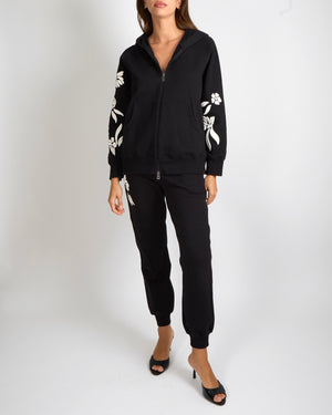Ermanno Scervino Black Hoodie and Sweatpants Tracksuit Set with White Flower Embroideries Size XS/S (UK 6/8)
