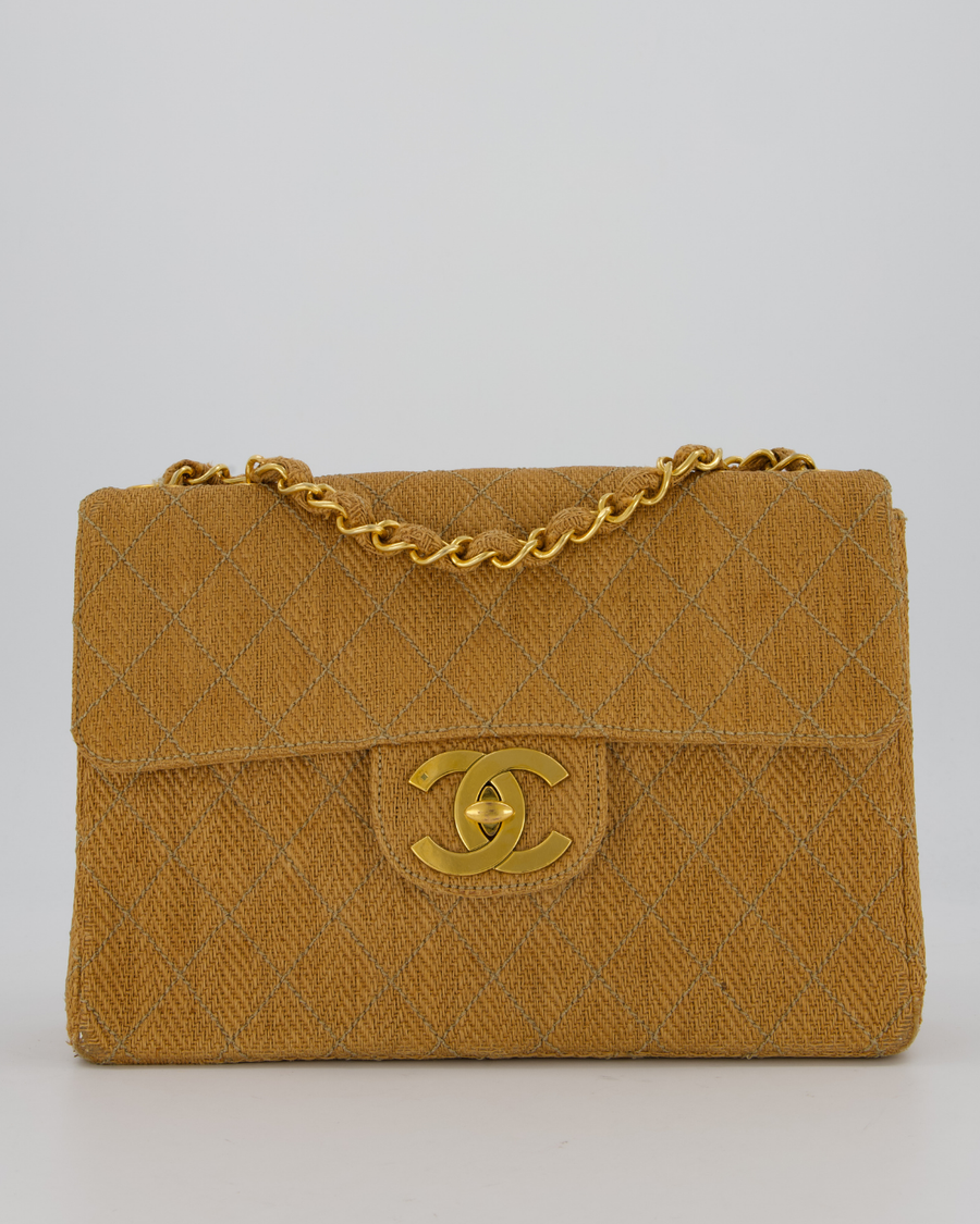 Chanel Vintage Beige Woven Large Raffia Mademoiselle CC Bag with Gold Hardware