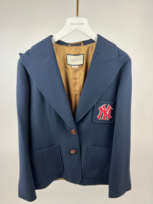 Gucci Navy Single-Breasted Blazer Jacket with Red NY Patch and Logo Button Detail Size IT 40 (UK 8)