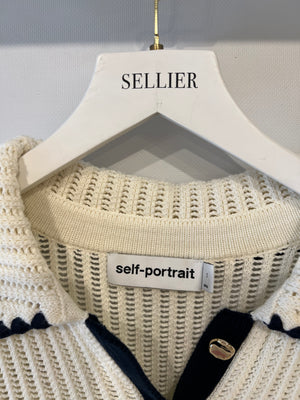 Self Portrait Cream Knit Top with Navy Trim Detail and Gold Buttons Size S (UK 8) RRP £285