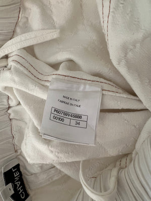 Chanel White Quilted Straight Leg Jeans with Brown Accents and Waist Ties and 31 Rue Cambon CC Logo Detail Size FR 34 (UK 6)