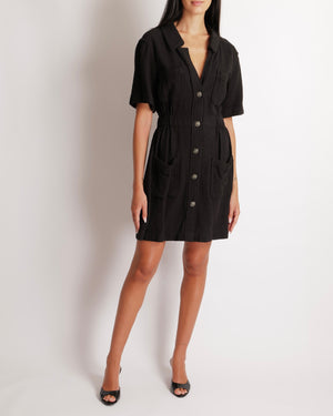 Chanel Black Short-Sleeved Mini Dress with Gathered Waist and Silver and Black Quilted CC Logo Buttons Size FR 38 (UK 10)