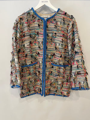 Chanel SS17 Multicolour and Blue Trim Fantasy Tweed jacket with Silver CC Logo Button Detail Size FR 38 (UK 10)