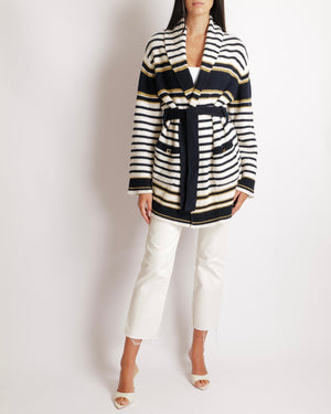 Valentino Navy and Cream Striped Wool Knitted Belted Cardigan with Shimmery Gold Details and Back Logo with Gold Buttons Size S (UK 8) RRP £2,450