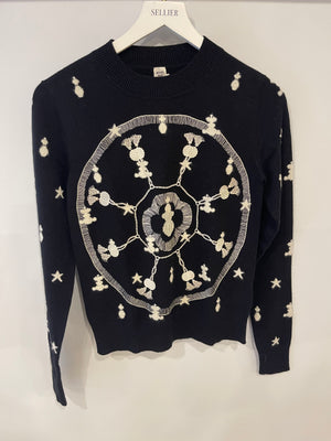 Hermès Black Cashmere Poste et Cavalerie Jumper with White Embroidery and Print Size FR 34 (UK 6)