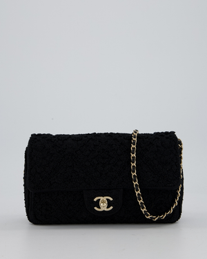 Chanel Black Crochet Small Classic Single Flap Bag in Woven Cotton and Lambskin Leather with Champagne Gold Hardware