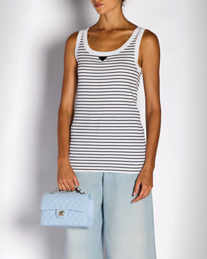 Prada White & Navy Striped Vest Top with Logo Plaque Detail Size IT 40 (UK 8)