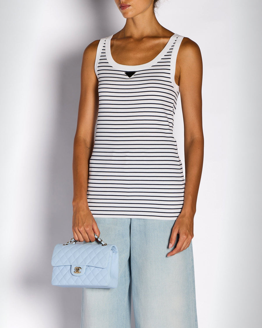 Prada White & Navy Striped Vest Top with Logo Plaque Detail Size IT 40 (UK 8)