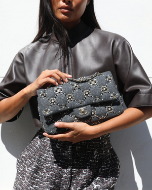 *RARE* Chanel 21A Dark Grey Pearl Strass Crystal CC Classic Medium Double Flap Bag in Wool with Champagne Gold Hardware