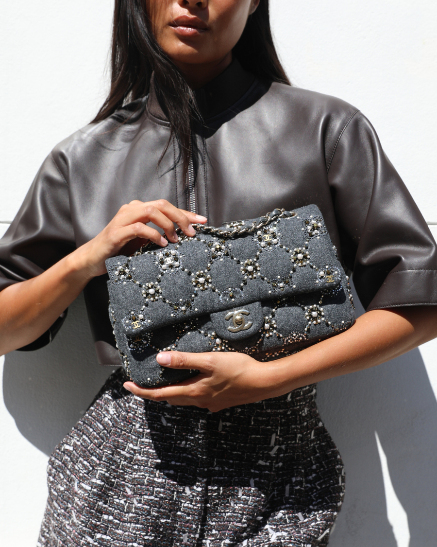 *RARE* Chanel 21A Dark Grey Pearl Strass Crystal CC Classic Medium Double Flap Bag in Wool with Champagne Gold Hardware