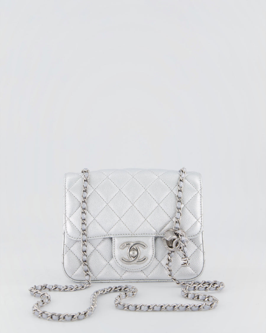 Chanel Silver CC Coco Crush Mini Square Bag in Caviar Leather with Silver Hardware