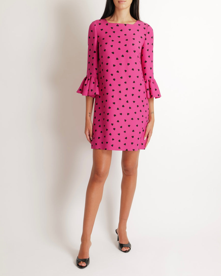 Valentino Hot Pink Heart-Printed Mini Dress with Ruffle Sleeve Details Size IT 40 (UK 8)