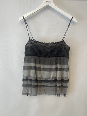 Chanel 05A Black Lace and Silk Grey Caraco Lingerie Ruffle Top with Black CC Logo Detail Size FR 38 (UK 10)