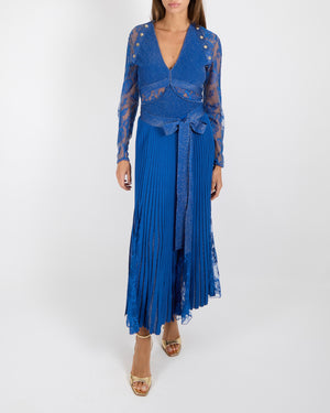 Elie Saab Blue Metallic Bodysuit and Skirt Set with Lace Details and Gold Buttons Size FR 40 (UK 12)