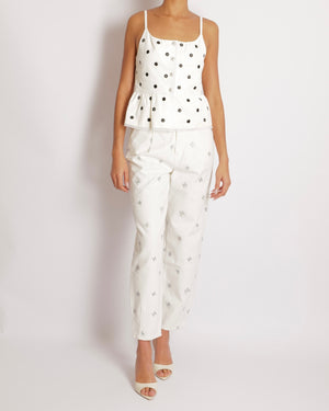 Chanel White Straight Leg High-Waisted Jeans with Turquoise, Lilac, and Silver Metallic CC Logos and Silver Button Detail Size FR 34 (UK 6)