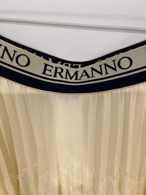 Ermanno Scervino Cream Pleated Maxi Skirt with Lace Details and Navy Logo Waistband Size IT 44 (UK 12)