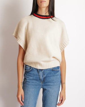 Gucci Beige Wool Sleeveless Jumper with Back Logo and Navy, Red Collar Size XS (UK 6)
