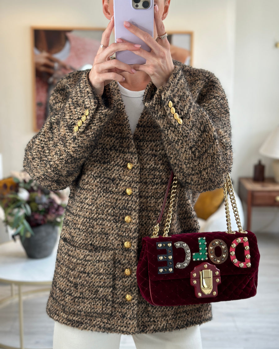 Dolce & Gabbana Burgundy Velvet Lucia Bag with Embellishments and Gold Hardware