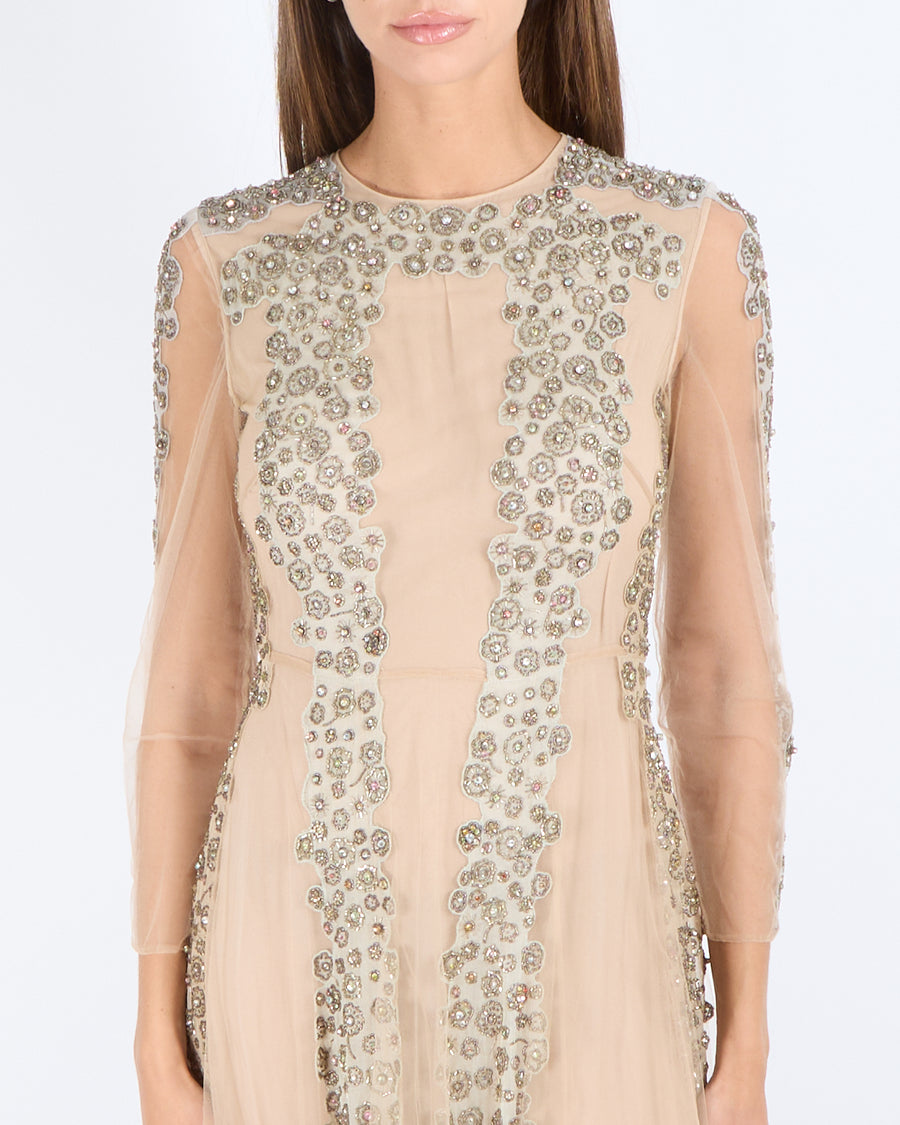 Valentino Beige Tulle Long-Sleeved Gown with Grey Panels and Silver and Multi-Colour Crystal Embellishments Size IT 38 (UK 6)