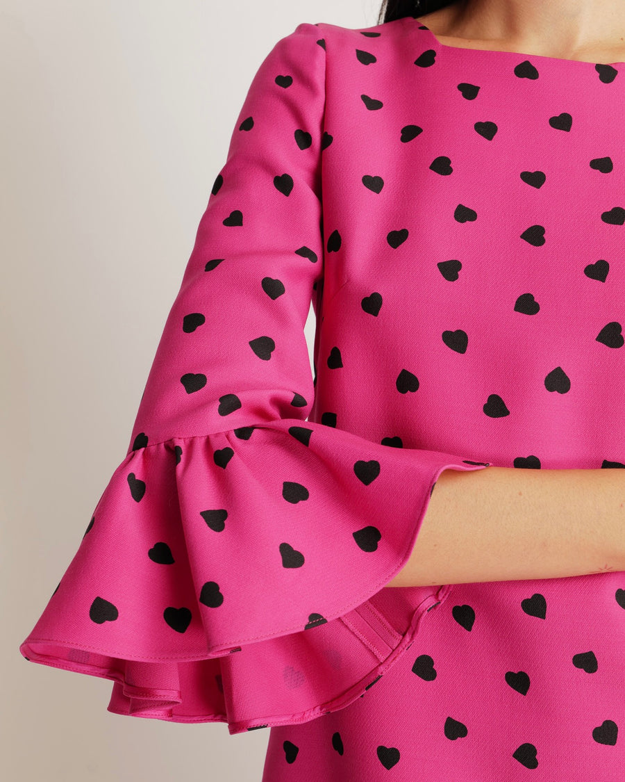Valentino Hot Pink Heart-Printed Mini Dress with Ruffle Sleeve Details Size IT 40 (UK 8)