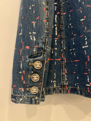 Chanel Métiers d'Art 2023 Denim Jacket with Pink and Silver Micro Sequin Details and Silver CC Logo Buttons Size FR 36 (UK 8)