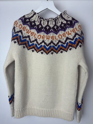 Loewe Cream, Brown and Blue Long Sleeve Knitted Jumper with Logo Detail Size M (UK 10)