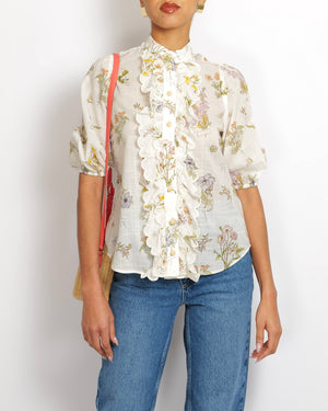Zimmermann White Short-Sleeved Blouse with Multi-Colour Floral Print and Scalloped Detail Size 0 (UK 8)
