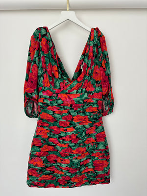 Gucci Red & Green Flower Print Mini Dress with Red Rose Appliqué Detail Size IT 38 (UK 6)