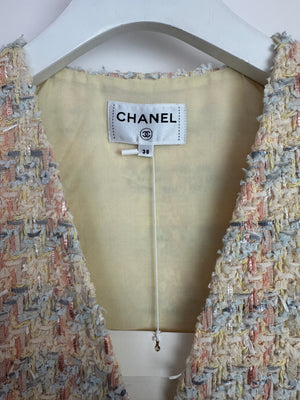 Chanel 25/P Pastel Yellow, Blue, and Pink Gilet with CC Logo Buttons Size FR 38 (UK 10)