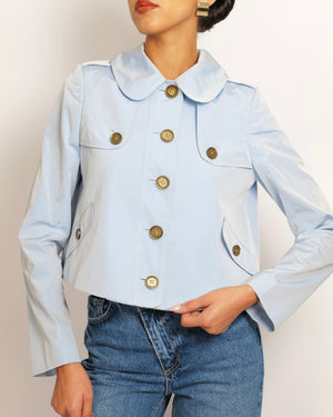 Burberry Light Blue Cropped Jacket with Gold Logo Buttons Detail Size UK 8
