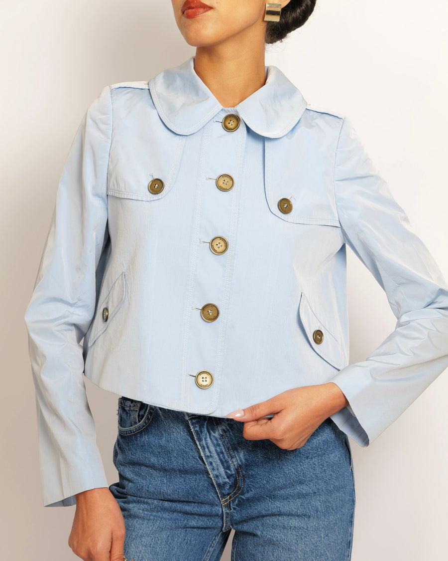 Burberry Light Blue Cropped Jacket with Gold Logo Buttons Detail Size UK 8