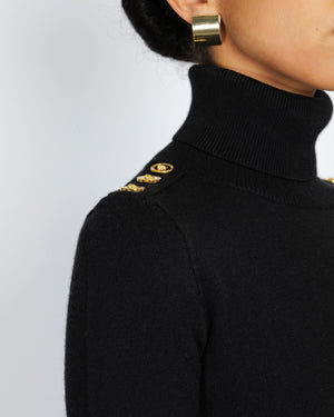 Versace Black Wool High Neck Jumper with Gold Medusa Buttons Detail Size IT 36 (UK 6)