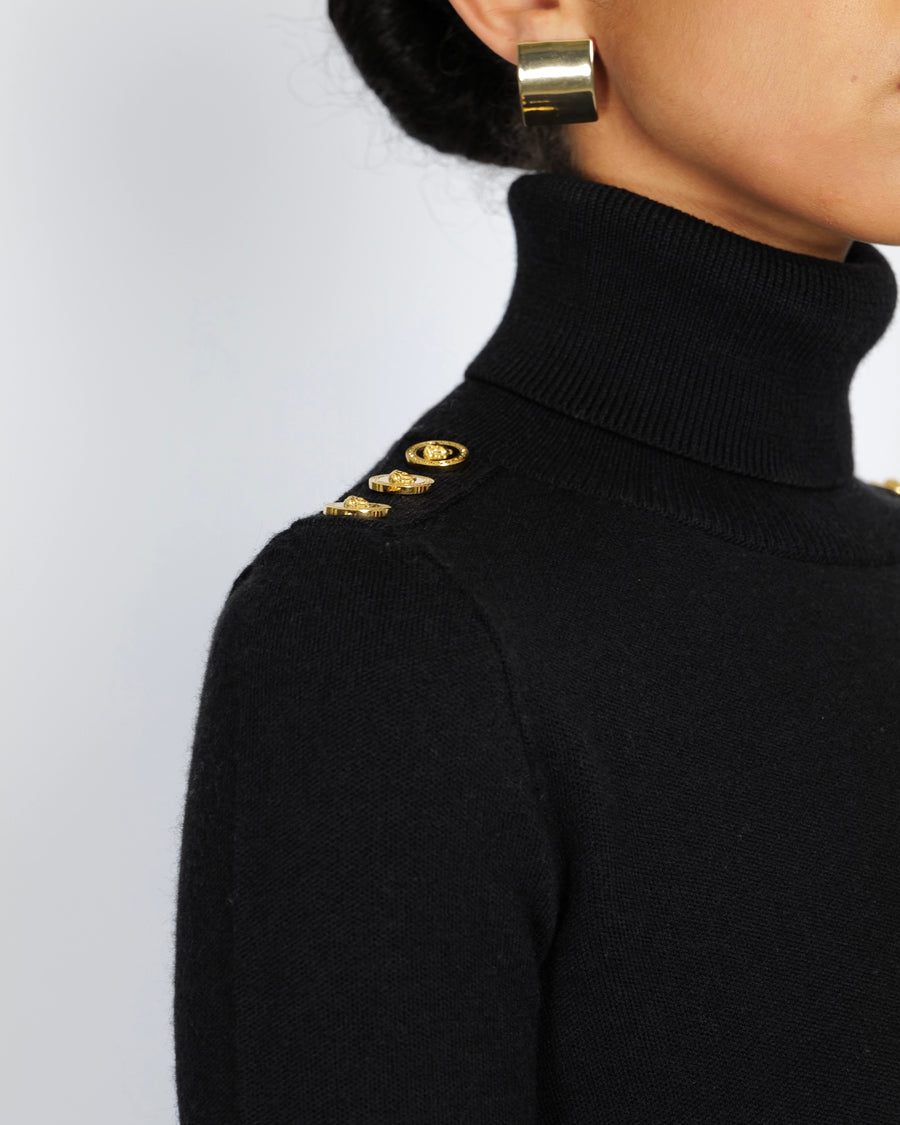 Versace Black Wool High Neck Jumper with Gold Medusa Buttons Detail Size IT 36 (UK 6)